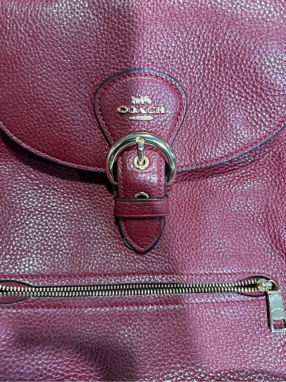 Coach Burgundy Pebbled Leather Backpack with Front Zip
